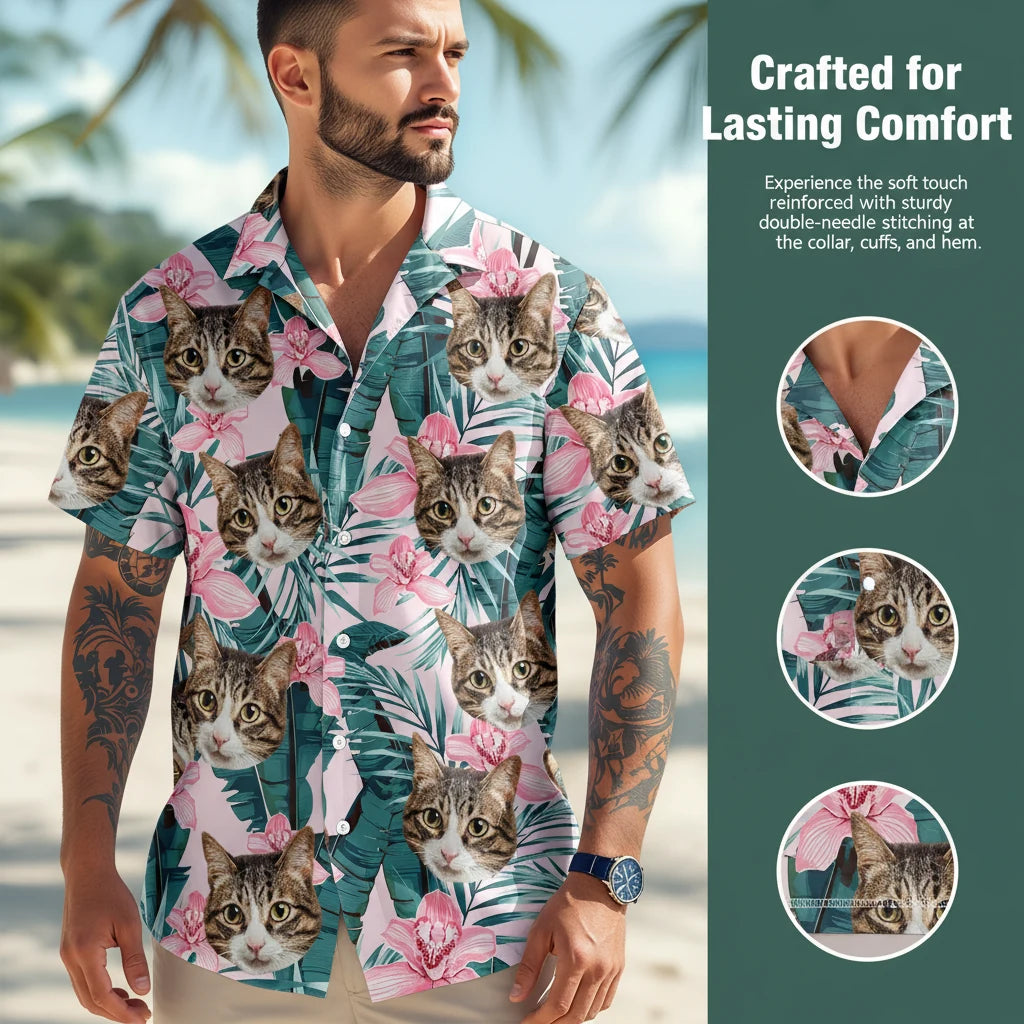 Custom Funny Face Cat Hawaiian Shirt - fabric material detail
