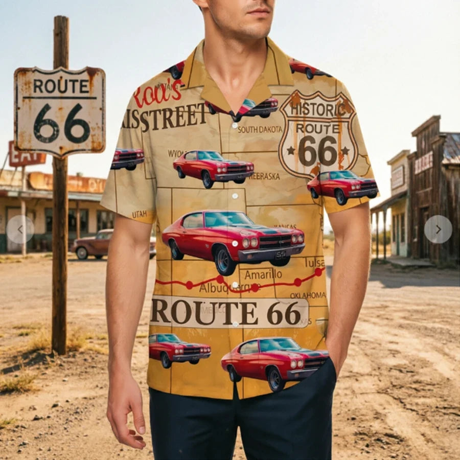 Custom Car Route 66 Hawaiian Shirt - design close up view