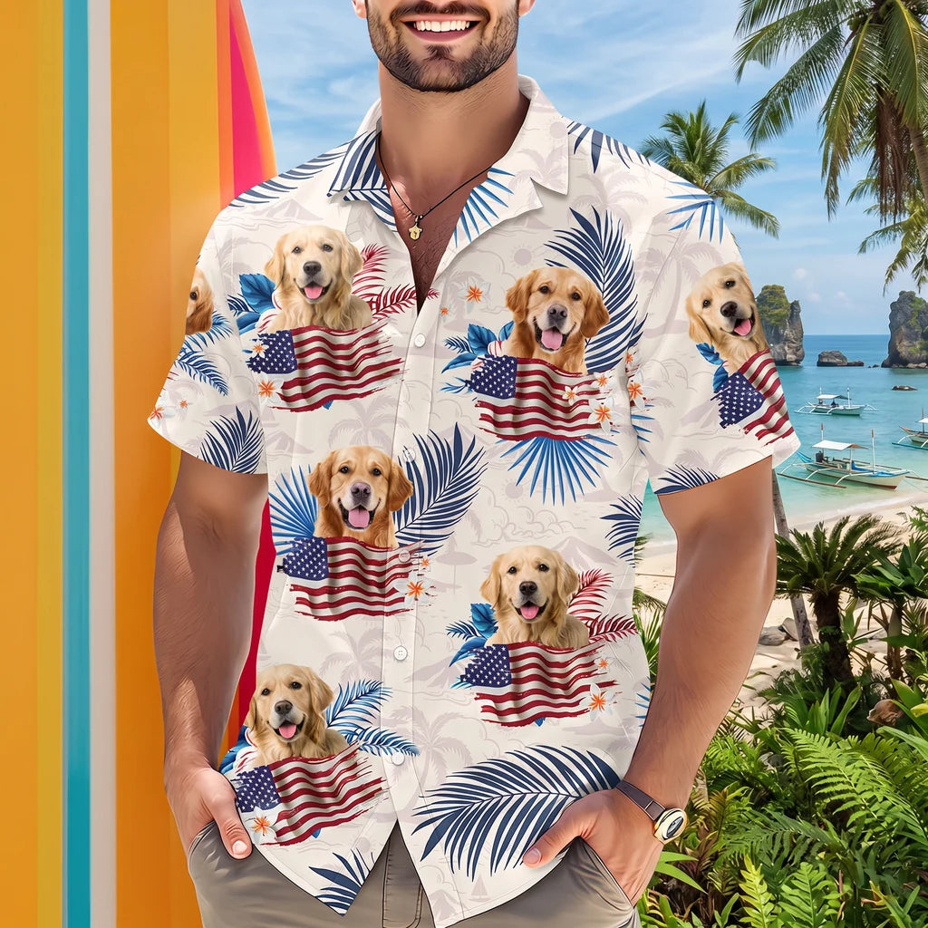 Custom Dog Cat America Hawaiian Shirt - design close up view