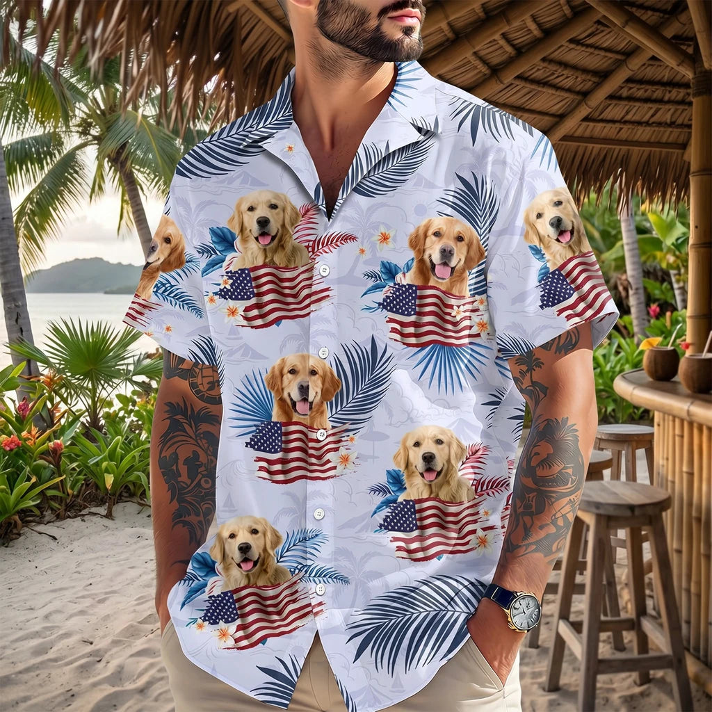 Custom Dog Cat America Hawaiian Shirt - main product view with custom photo design
