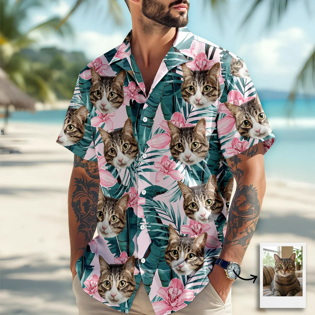 Custom Funny Face Cat Hawaiian Shirt - design close up view