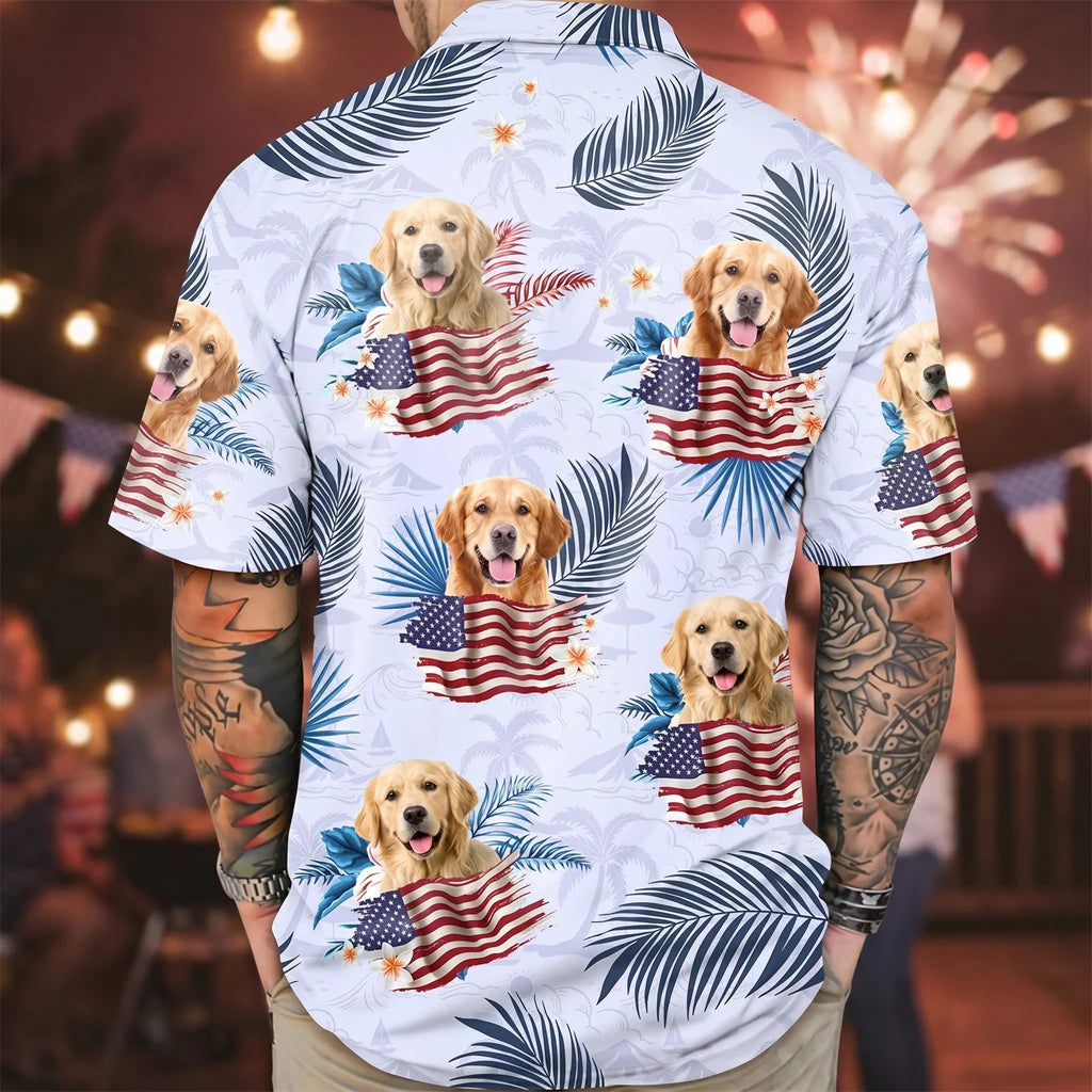 Custom Dog Cat America Hawaiian Shirt - detail view of personalized print