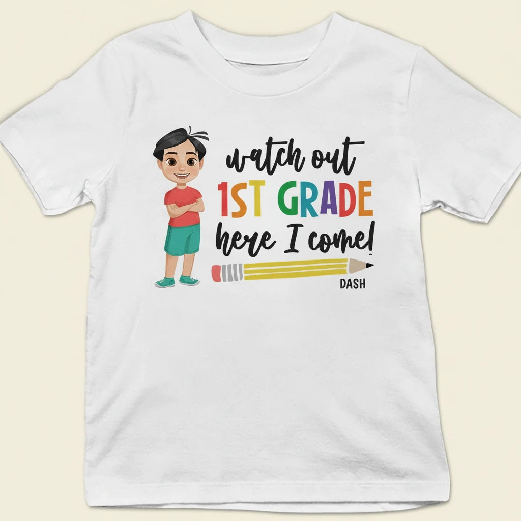 Watch Out Kindergarten Here T-shirt - main product view with custom photo design