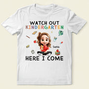 Watch Out Kindergarten Here T-shirt - main product view with custom photo design