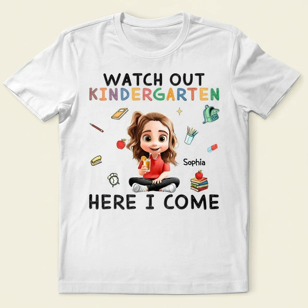 Watch Out Kindergarten Here T-shirt - main product view with custom photo design