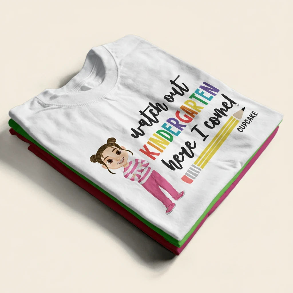 Watch Out Kindergarten Here T-shirt - design close up view