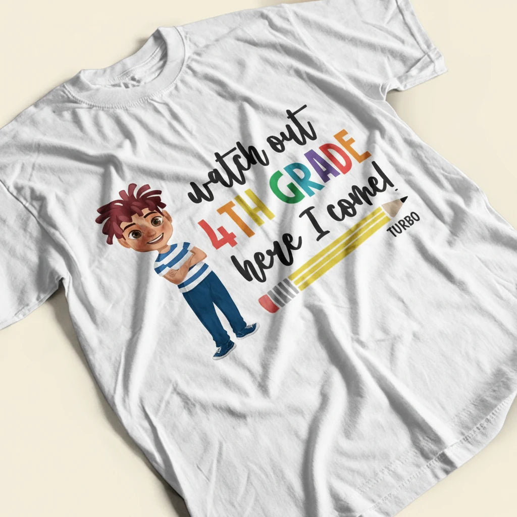 Watch Out Kindergarten Here T-shirt - detail view of personalized print