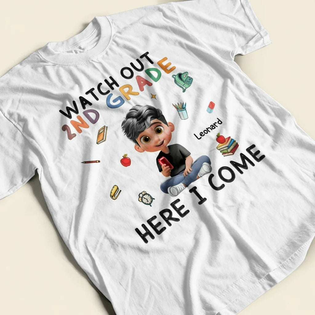 Watch Out Kindergarten Here T-shirt - detail view of personalized print