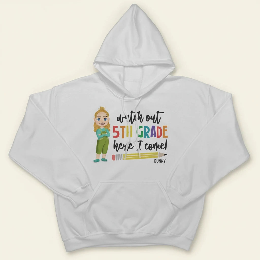Watch Out Kindergarten Here T-shirt - size chart