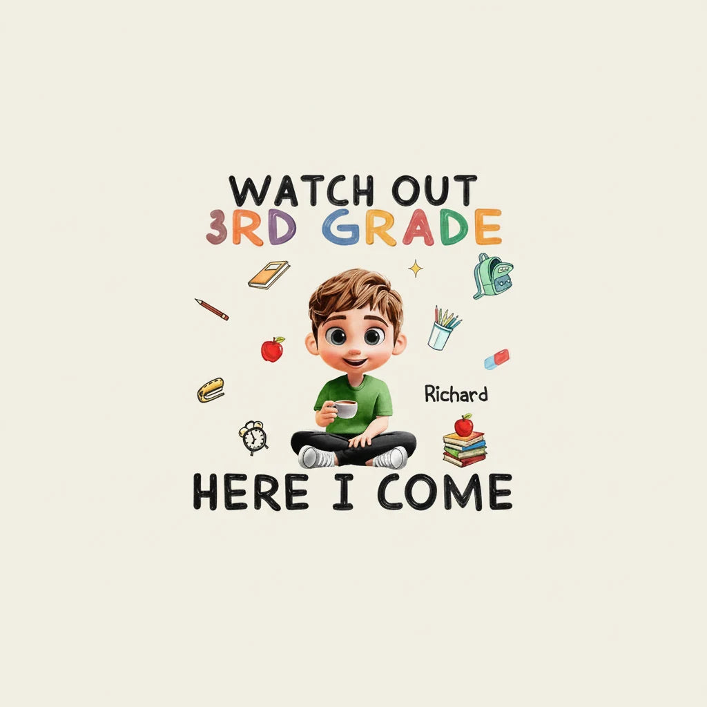 Watch Out Kindergarten Here T-shirt - size chart