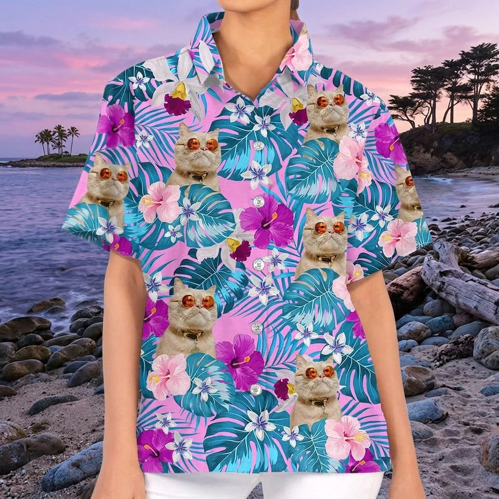Custom Cat Tropical Hawaiian Hawaiian Shirt - design close up view