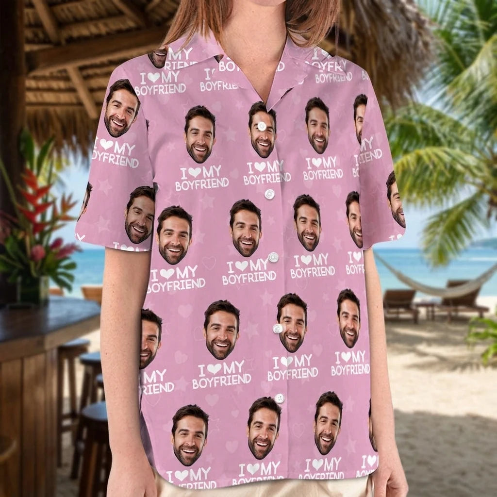 Custom Love My Girlfriend Hawaiian Shirt - design close up view