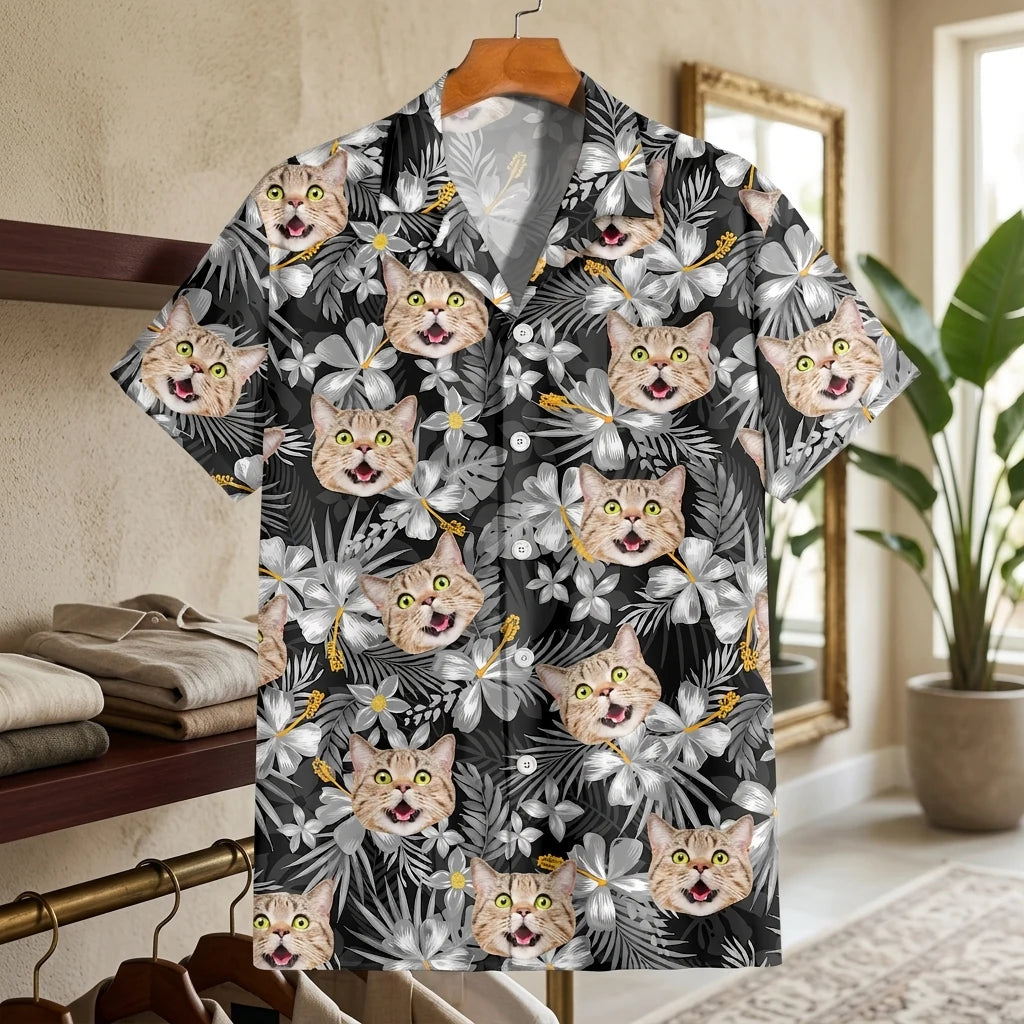 Custom Funny Cat Family Hawaiian Shirt - detail view of personalized print