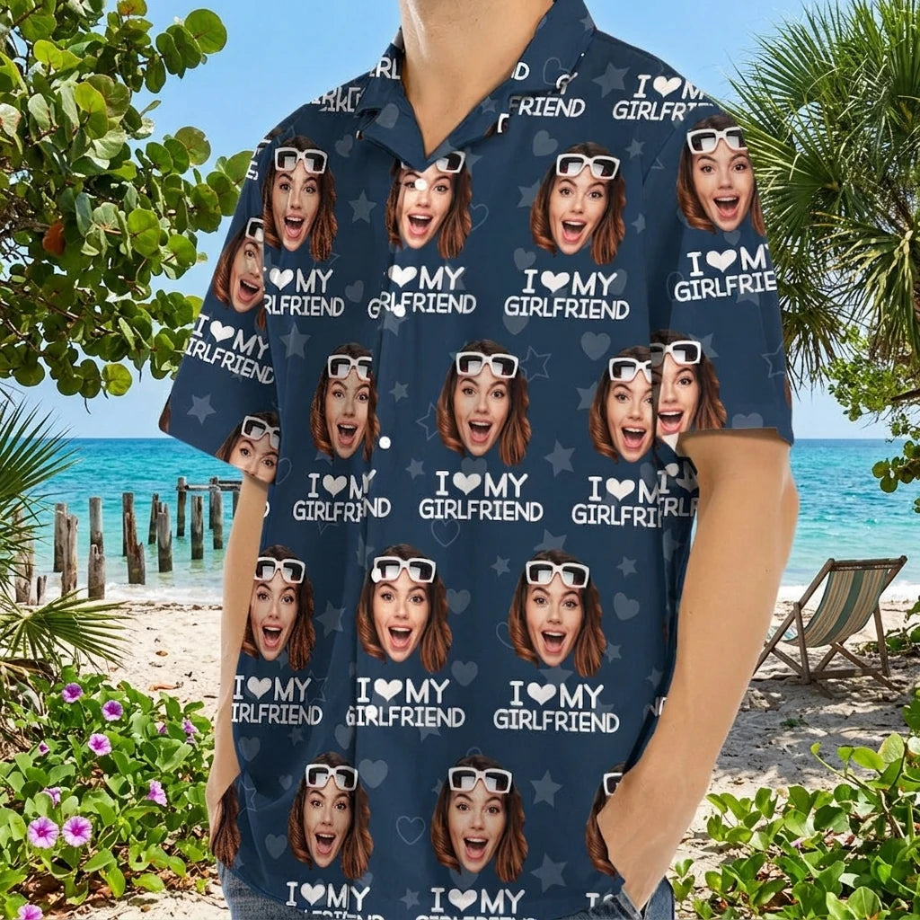 Custom Love My Girlfriend Hawaiian Shirt - detail view of personalized print