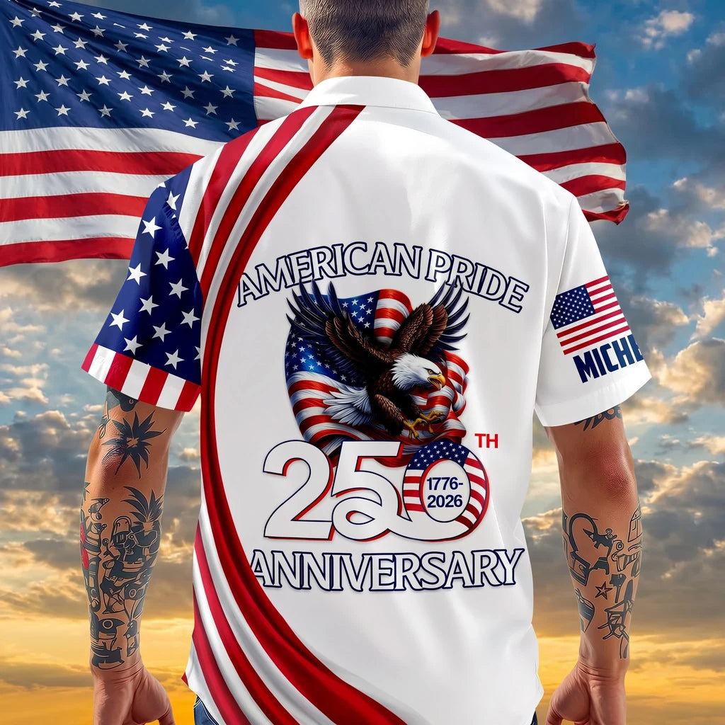 Custom Name American Pride Hawaiian Shirt - detail view of personalized print