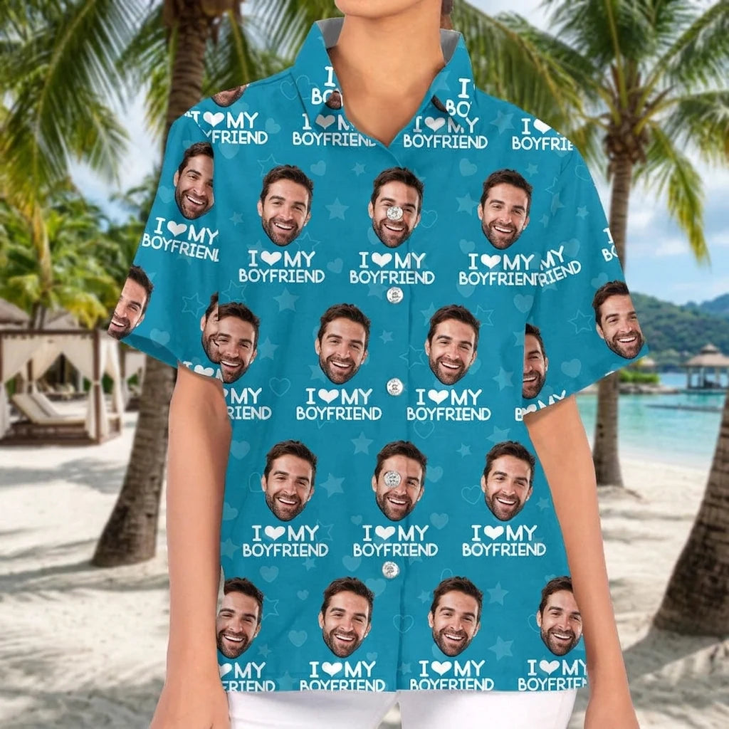 Custom Love My Girlfriend Hawaiian Shirt - white background product photo