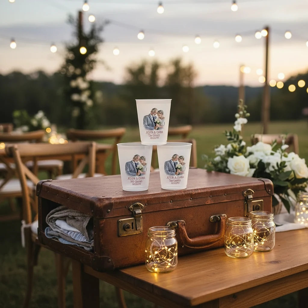 Custom Photo Portrait Couples Wedding Party Personalized Frosted Cups close-up detail
