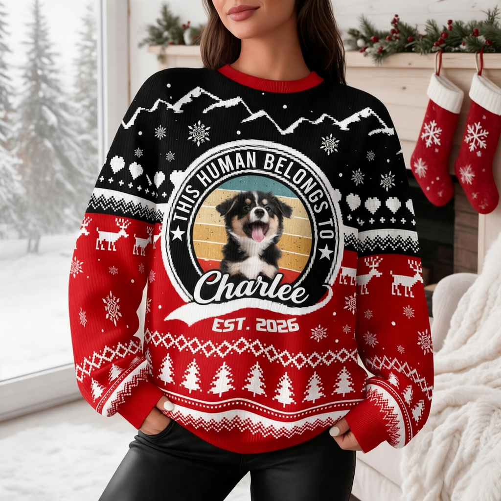 Custom Photo Upload This Human Belongs To Ugly Christmas Sweater 7W29T
