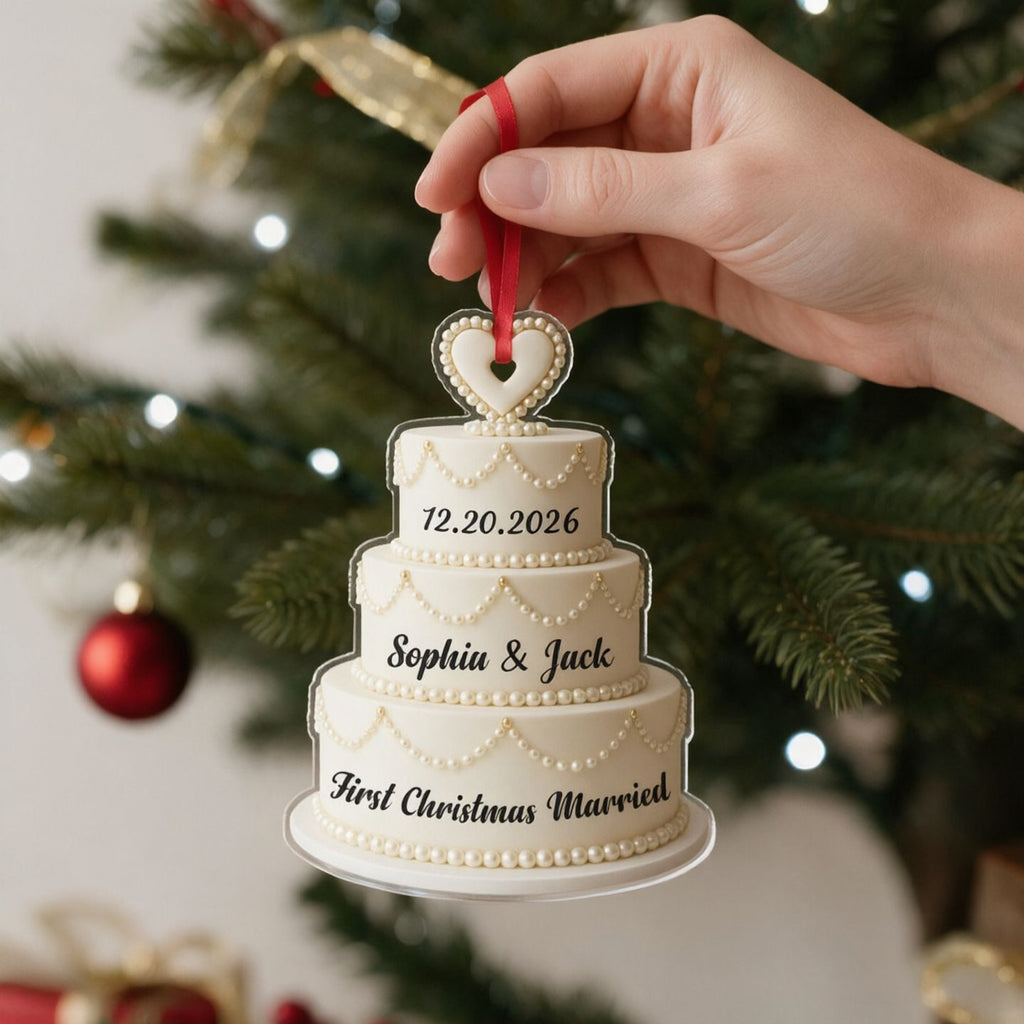 Custom Personalized Acrylic Ornament with Wedding Cake & Heart WCVL9