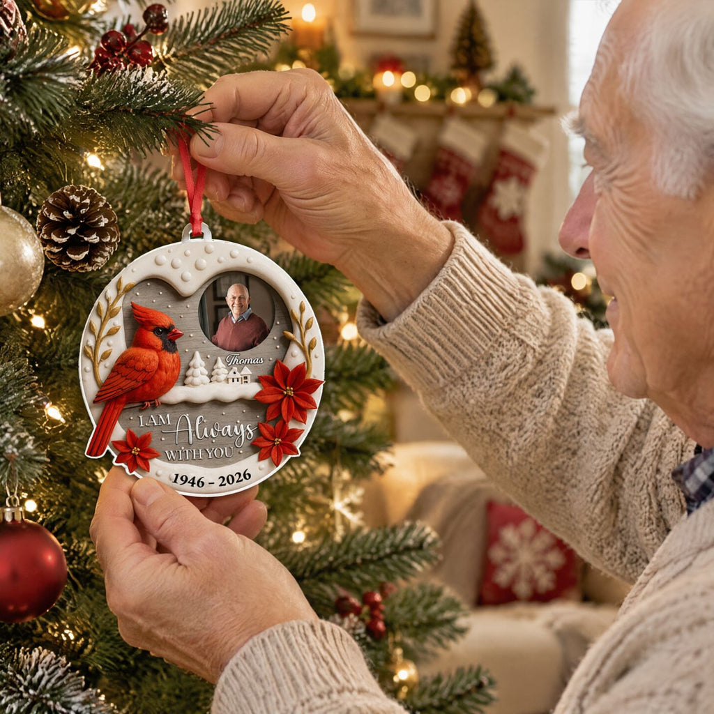 Custom Photo Upload Acrylic Ornament with Cardinal & Poinsettias K7K3Q
