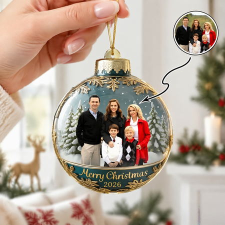 Custom Photo Upload Acrylic Ornament with Winter Scene & Gold Accents PWFAO