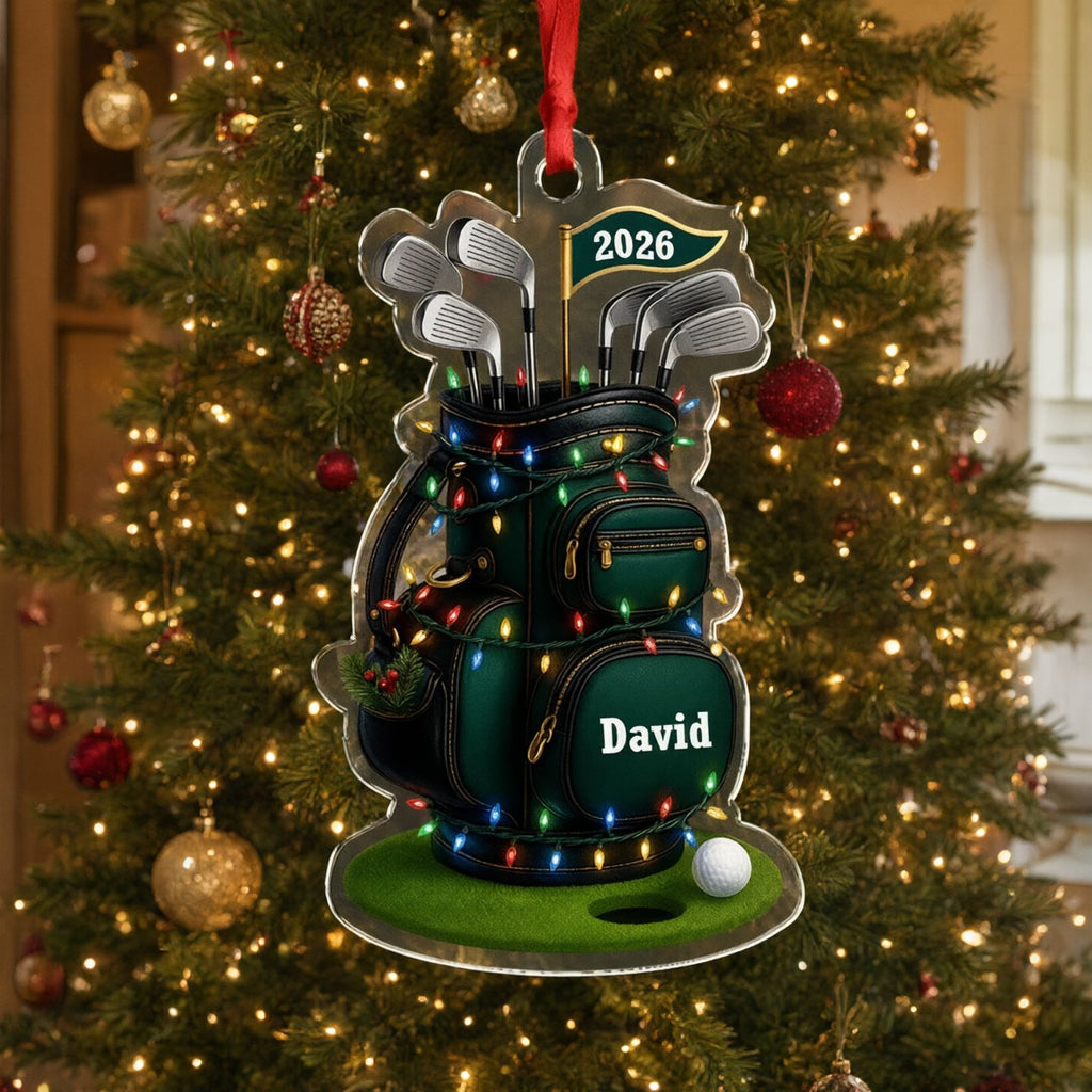 Custom Personalized Acrylic Ornament with Golf Bag & Christmas Lights 5YV5X