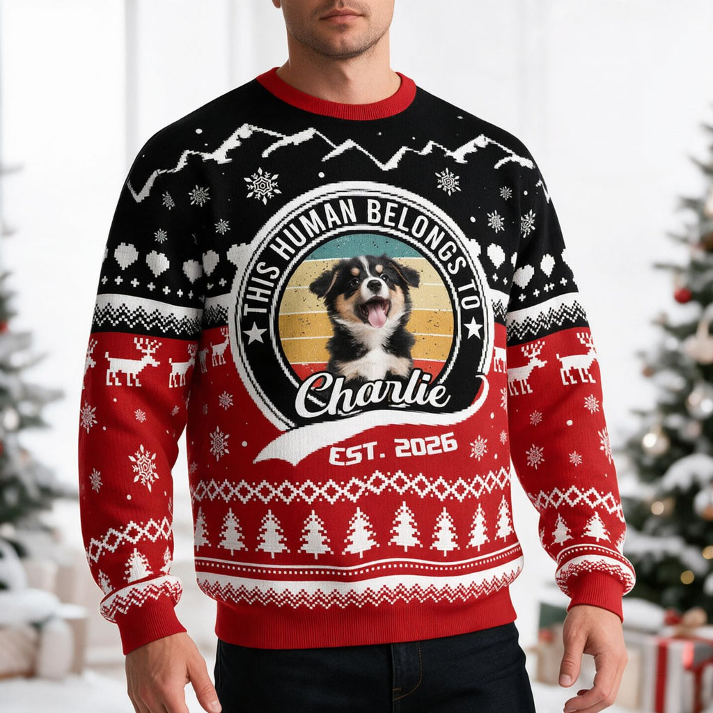 Custom Photo Upload This Human Belongs To Ugly Christmas Sweater 7W29T