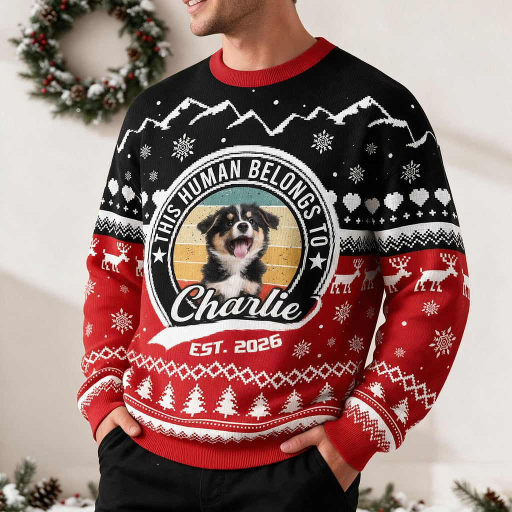 Custom Photo Upload This Human Belongs To Ugly Christmas Sweater 7W29T