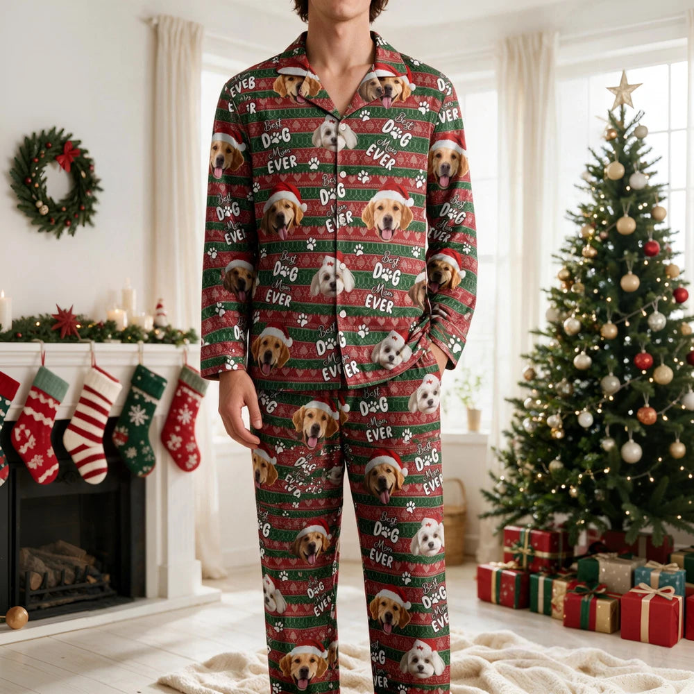 Custom Photo Upload Pajamas with Best Dog Dad Ever & Santa Hats LPOE9