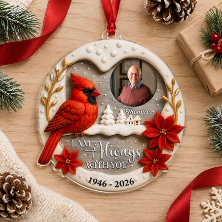 Custom Photo Upload Acrylic Ornament with Cardinal & Poinsettias K7K3Q