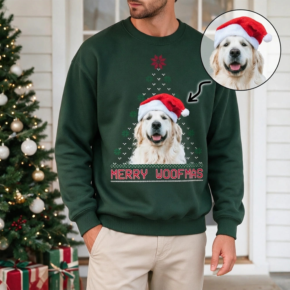 Custom Photo Upload Sweatshirt with Merry Woofmas Ugly Sweater Design 4QXLY