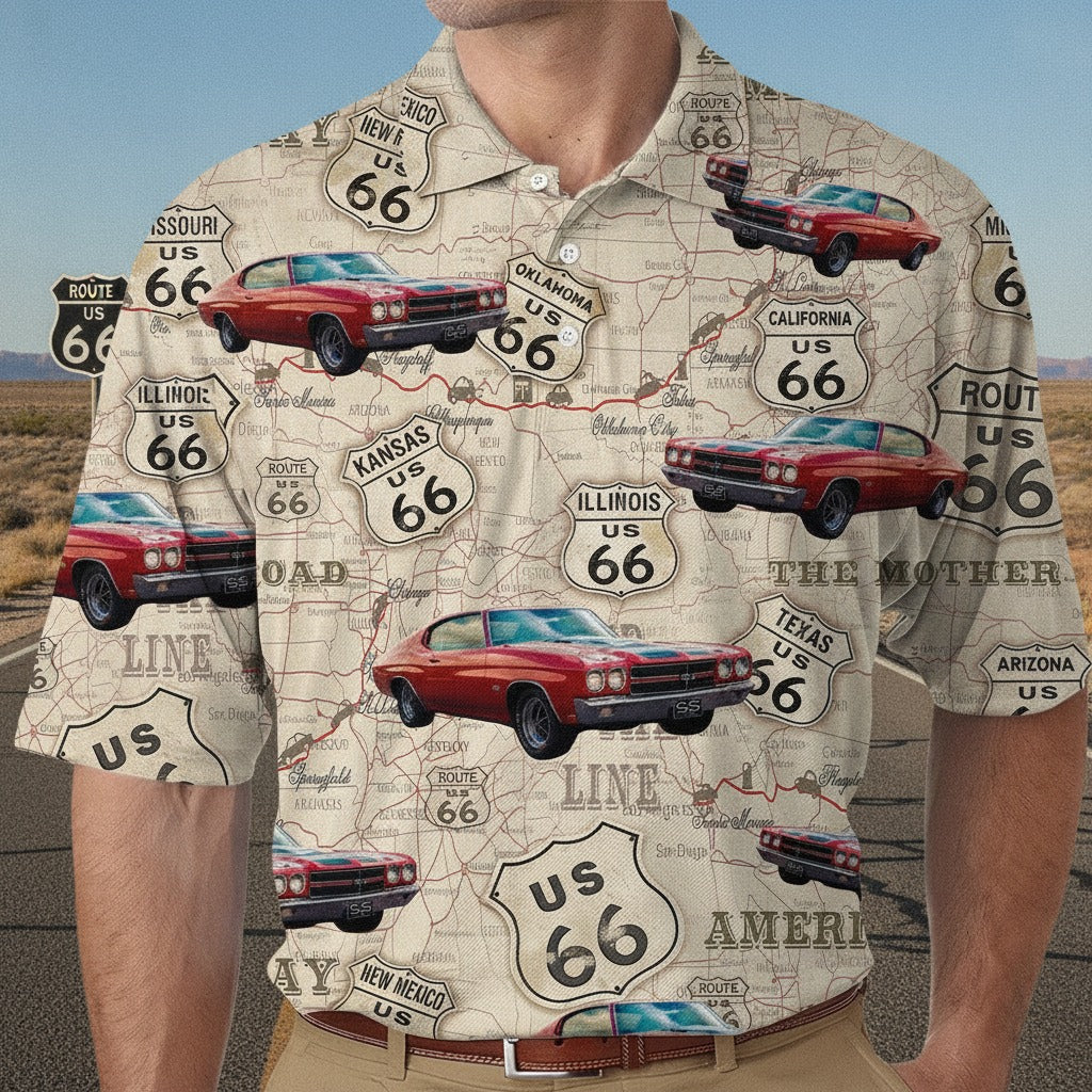 Custom Photo Route 66 Car Lover Polo Shirt ED8A6