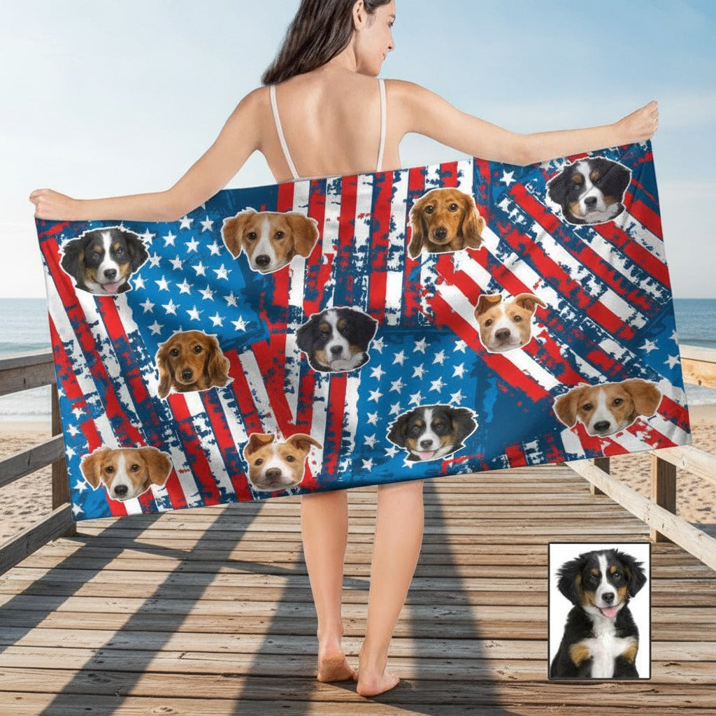 Custom Photo America Flag Dog Beach Towel YTXBG