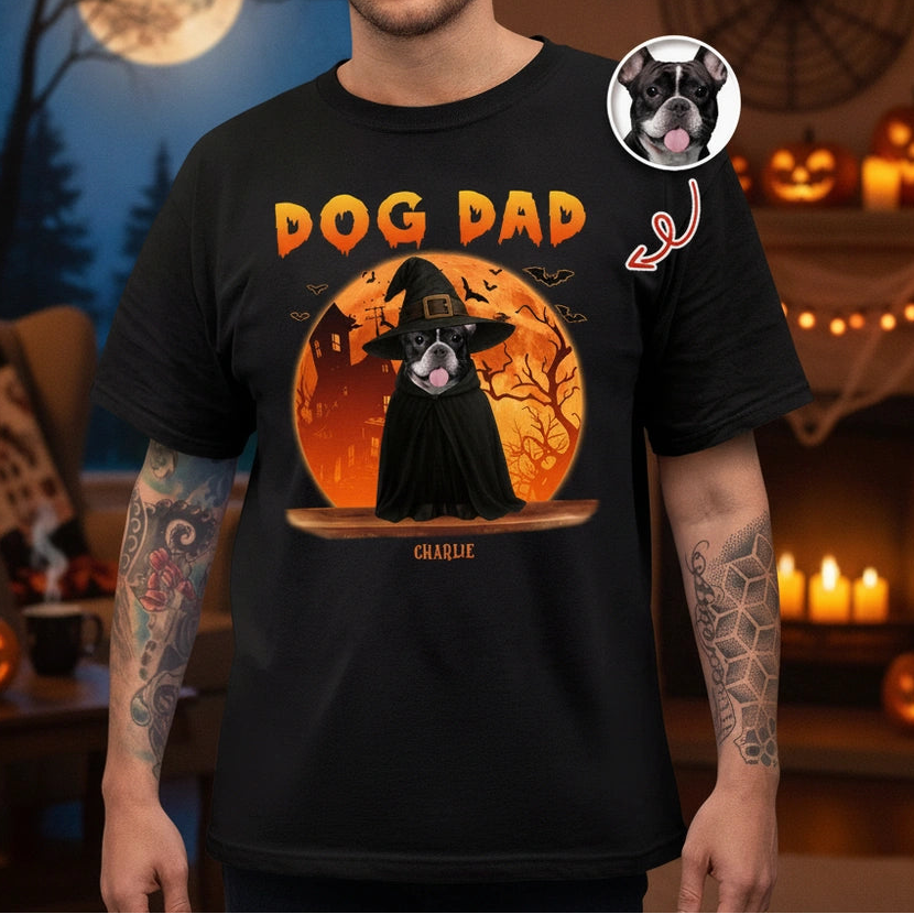 Custom Photo Dog Mom Dad T-Shirt with Halloween Moon & Dogs BUR9N