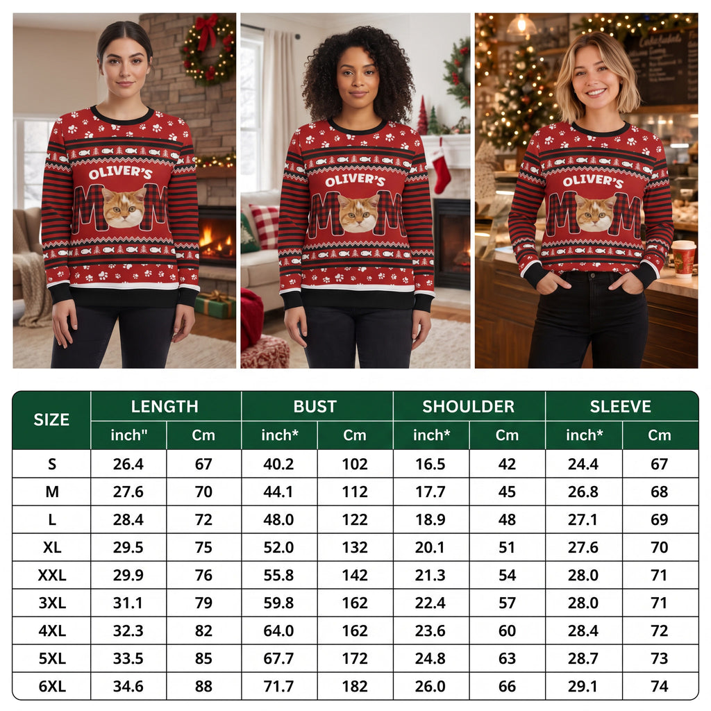 Custom Photo Upload Sweater with Cat Mom and Buffalo Plaid Pattern B5PGE