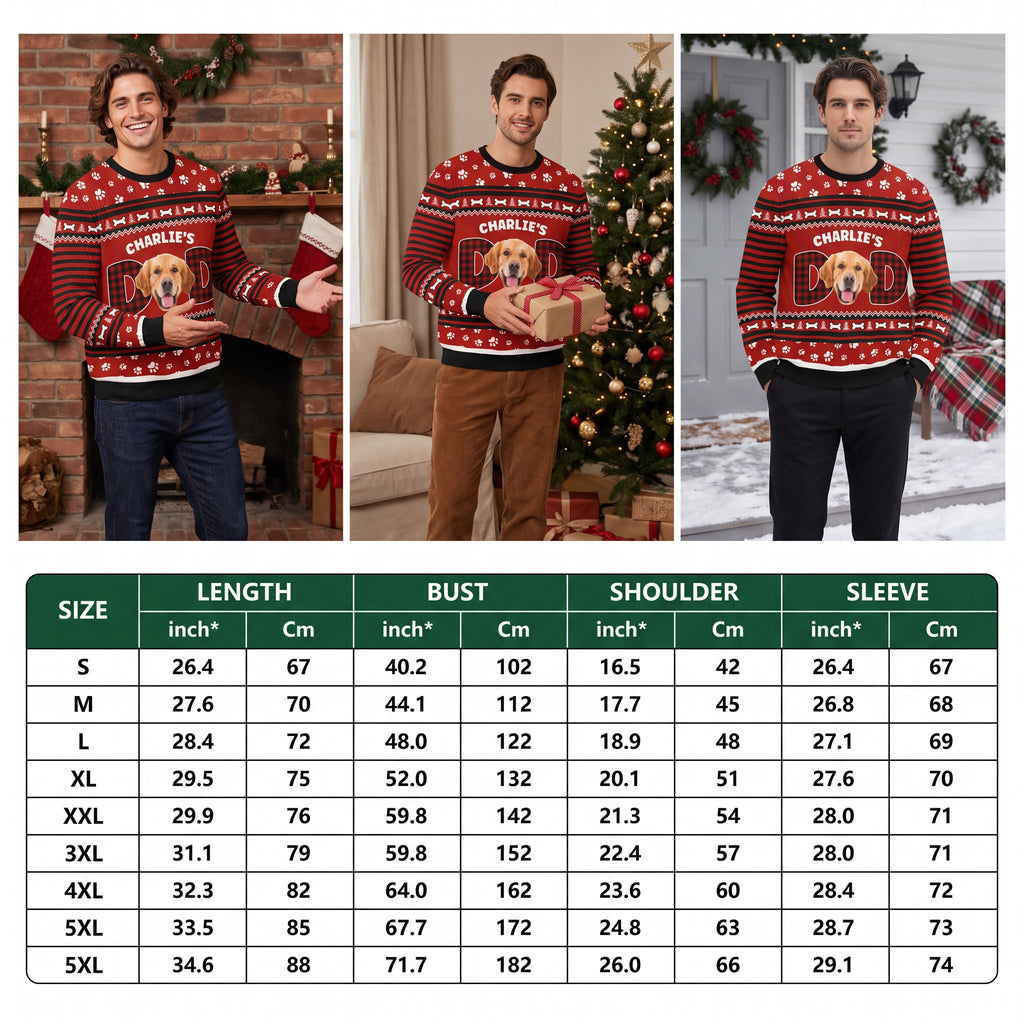 Custom Photo Upload Dog Dad Sweater with Paw Prints & Buffalo Plaid QC624