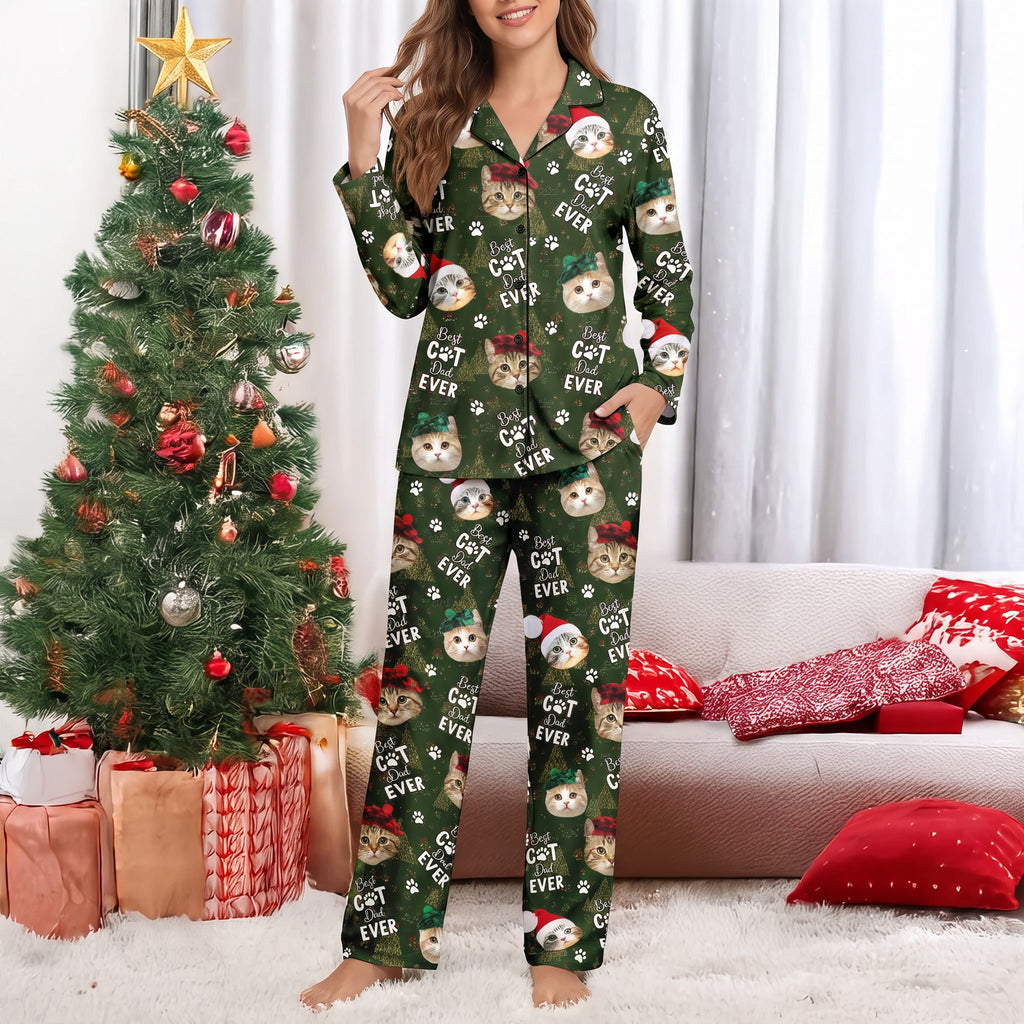 Custom Photo Upload Best Cat Dad Ever Christmas Pajamas CCPQP