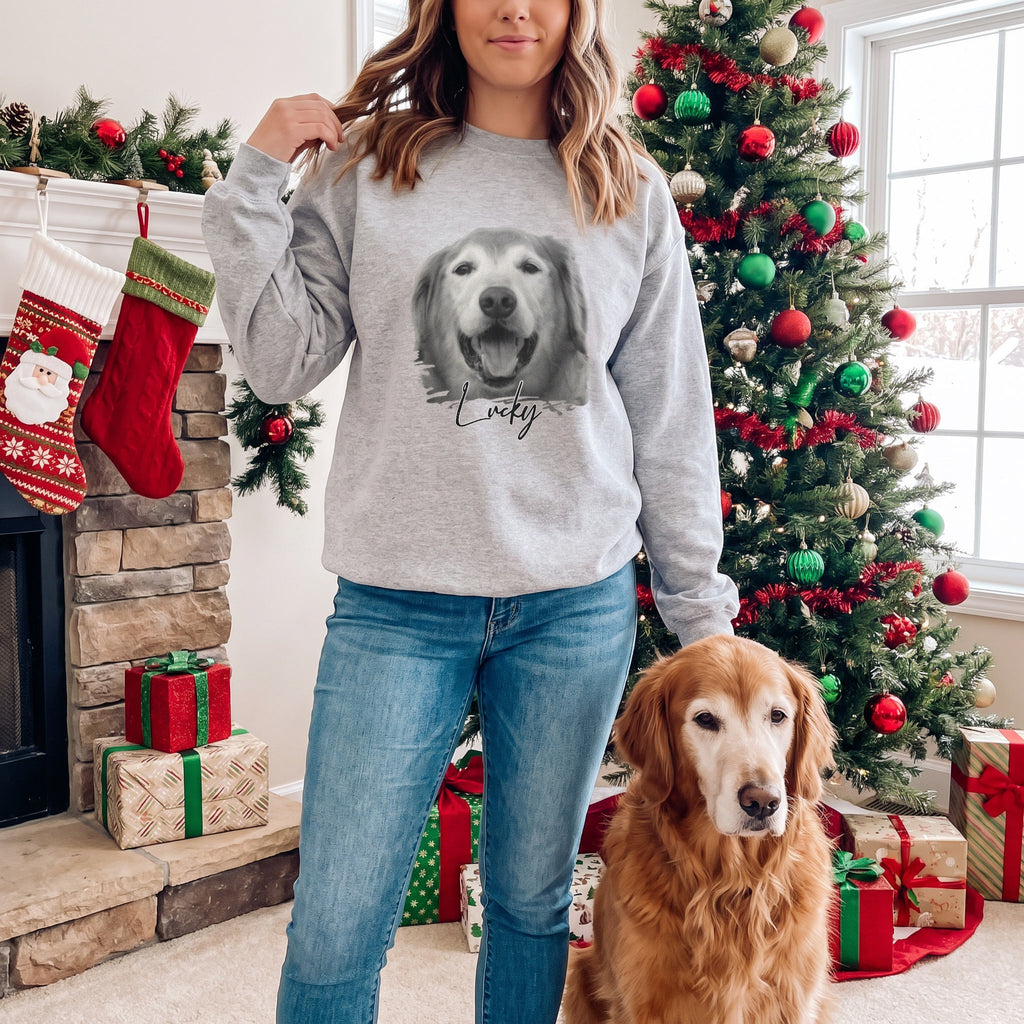 Close-up of a custom pet portrait printed on a white sweatshirt