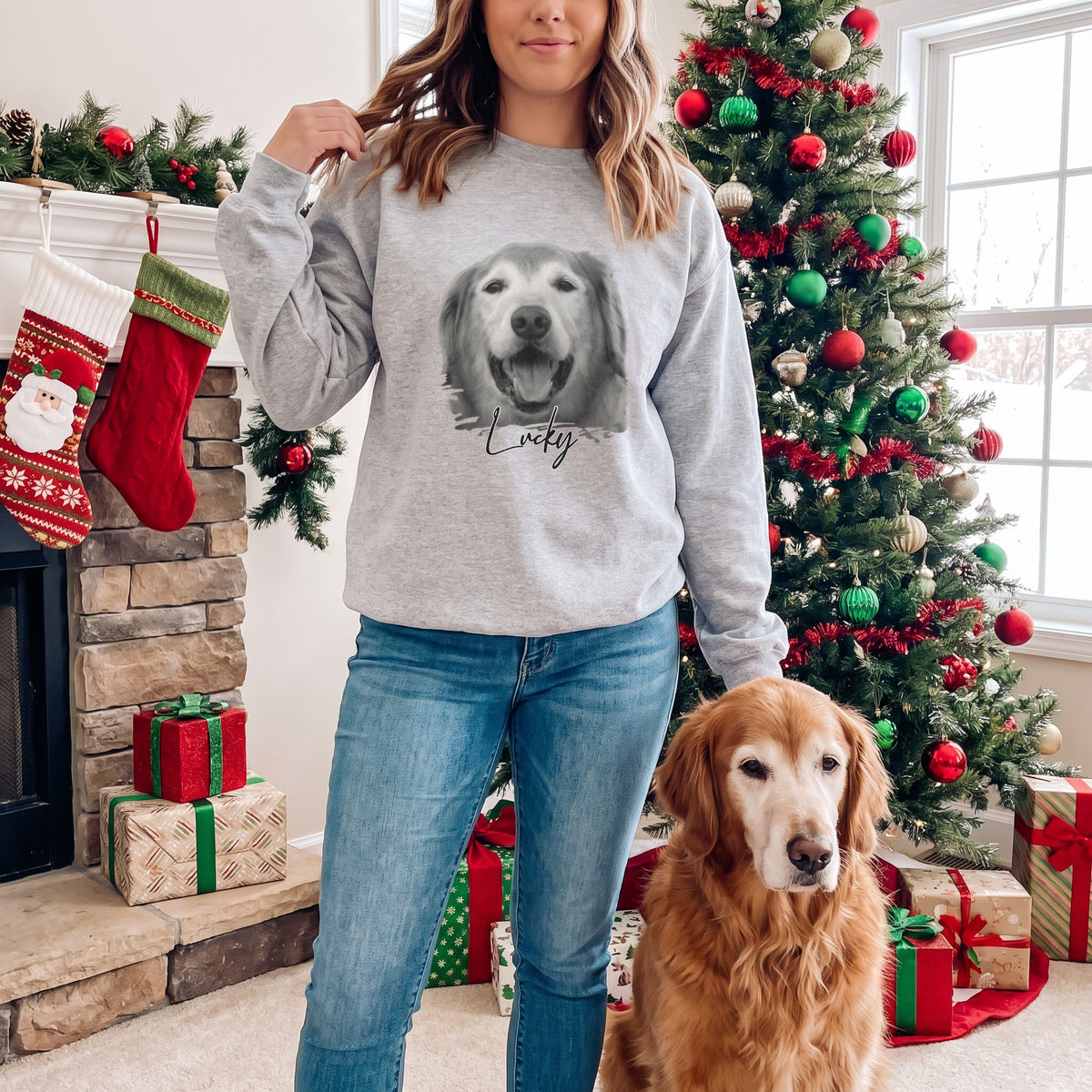 Close-up of a custom pet portrait printed on a white sweatshirt