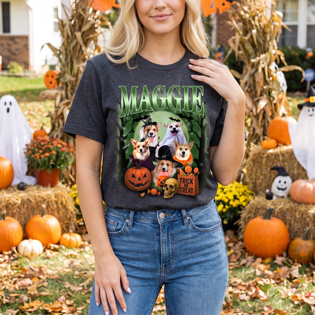 Custom Personalized Photo T-Shirt with Halloween Dogs & Pumpkins 3XV8G