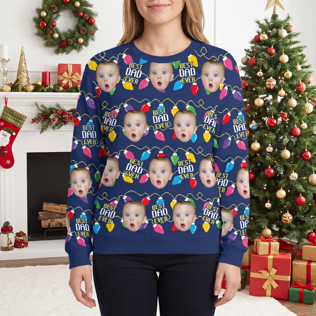 Custom Photo Upload Sweater with Best Dad Ever & Christmas Lights NCW46