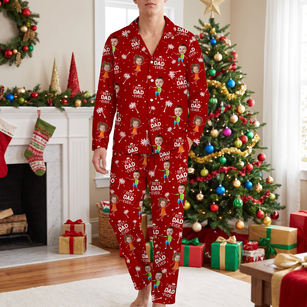 Custom Photo Upload Pajamas with Best Dad Ever Text & Palm Trees CRYV4