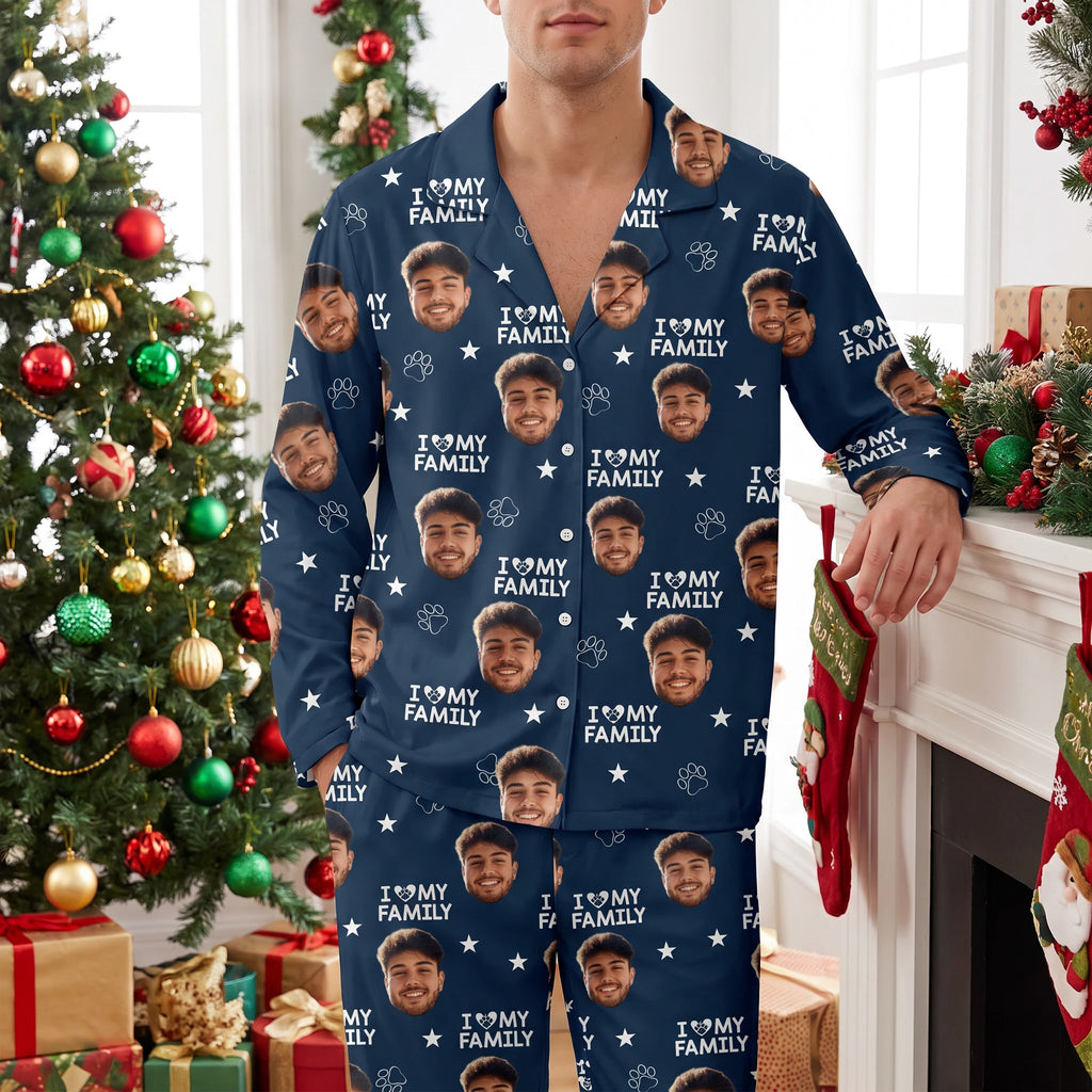 Custom Photo Upload Pajamas with I Love My Family & Paw Prints CIVU9