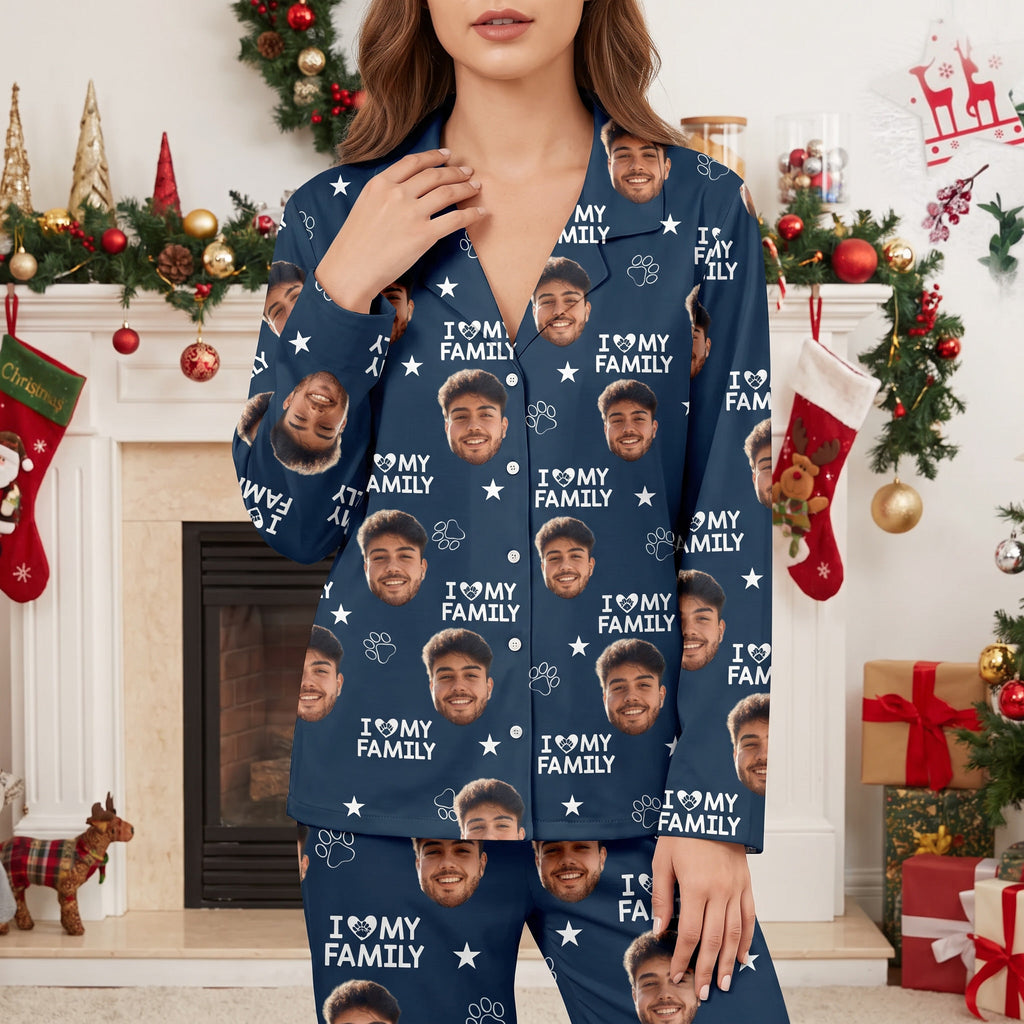Custom Photo Upload Pajamas with I Love My Family & Paw Prints CIVU9