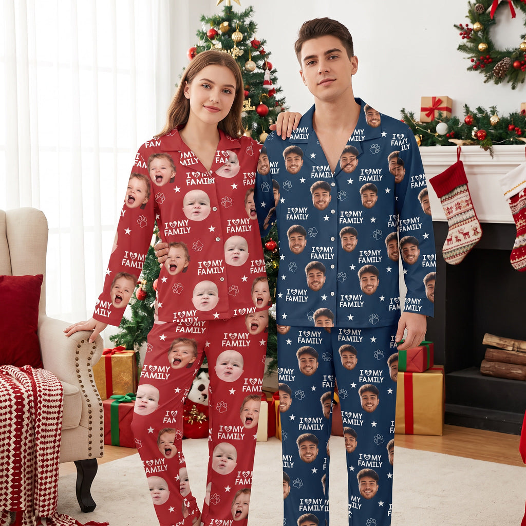 Custom Photo Upload Pajamas with I Love My Family & Paw Prints CIVU9