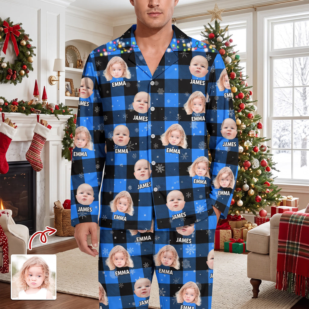 Custom Photo Upload Pajamas with Buffalo Plaid and Snowflakes T8D5Y