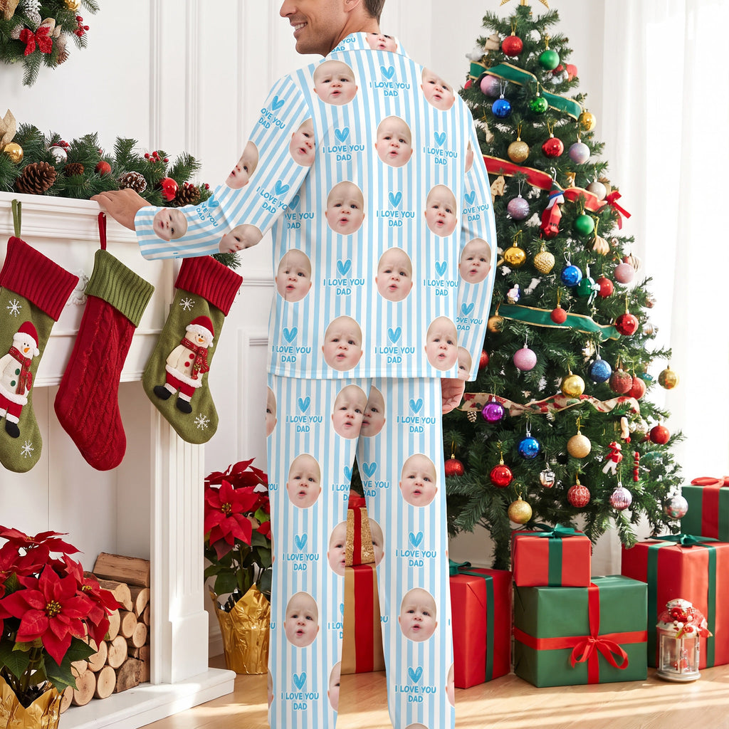 Custom Photo Upload Pajama Set with Blue Stripes & I Love You Dad 8B7R5