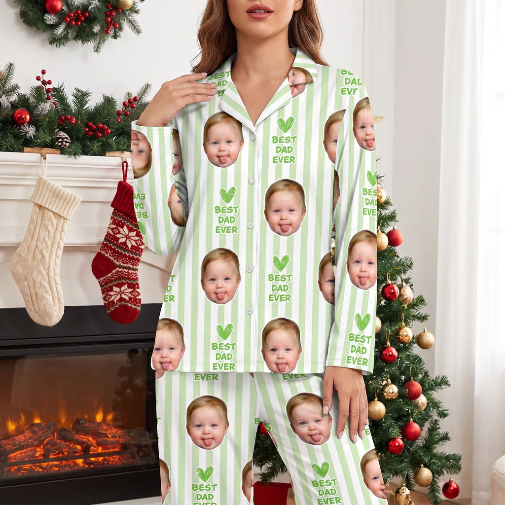 Custom Photo Upload Pajama Set with Blue Stripes & I Love You Dad 8B7R5