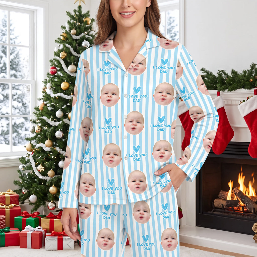 Custom Photo Upload Pajama Set with Blue Stripes & I Love You Dad 8B7R5