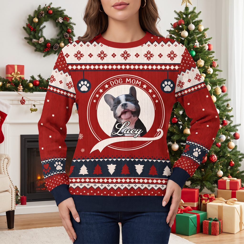 Custom Photo Upload Dog Mom Sweater with Fair Isle Pattern SBV53